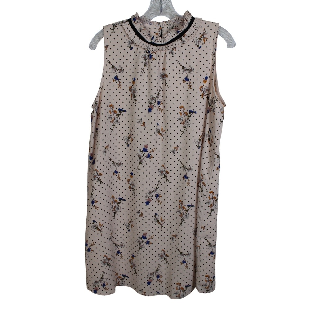 Skies Are Blue Sleeveless Floral Polka Dot Pleated High Neck Tie Blouse Peach M